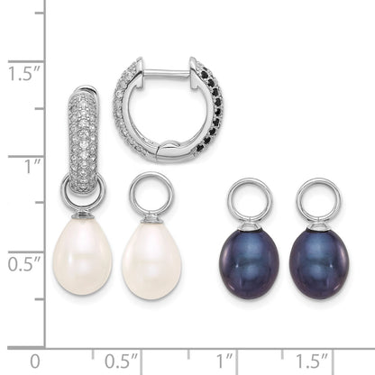 Sterling Silver Rhodium-plated 7-8mm Black and White Rice Freshwater Cultured Pearl and CZ Interchangeable Post Earrings Set