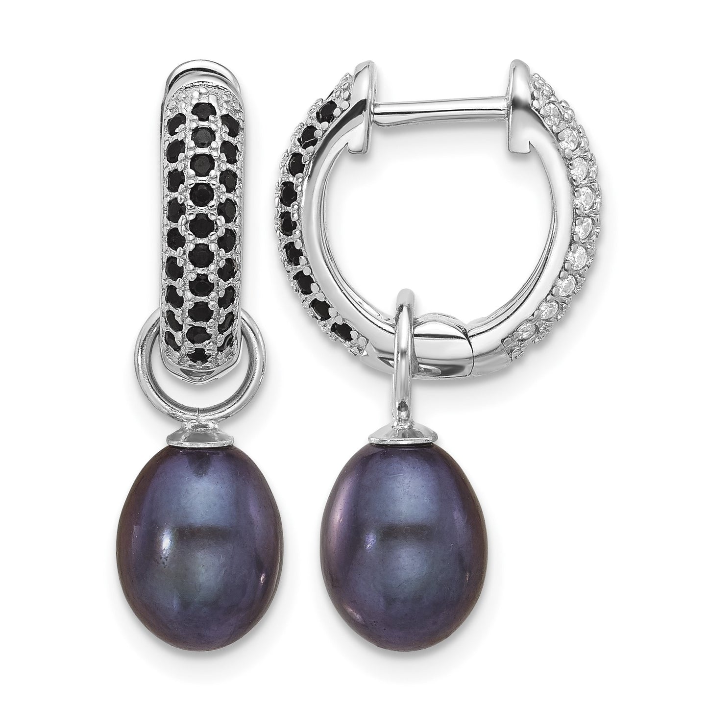 Sterling Silver Rhodium-plated 7-8mm Black and White Rice Freshwater Cultured Pearl and CZ Interchangeable Post Earrings Set