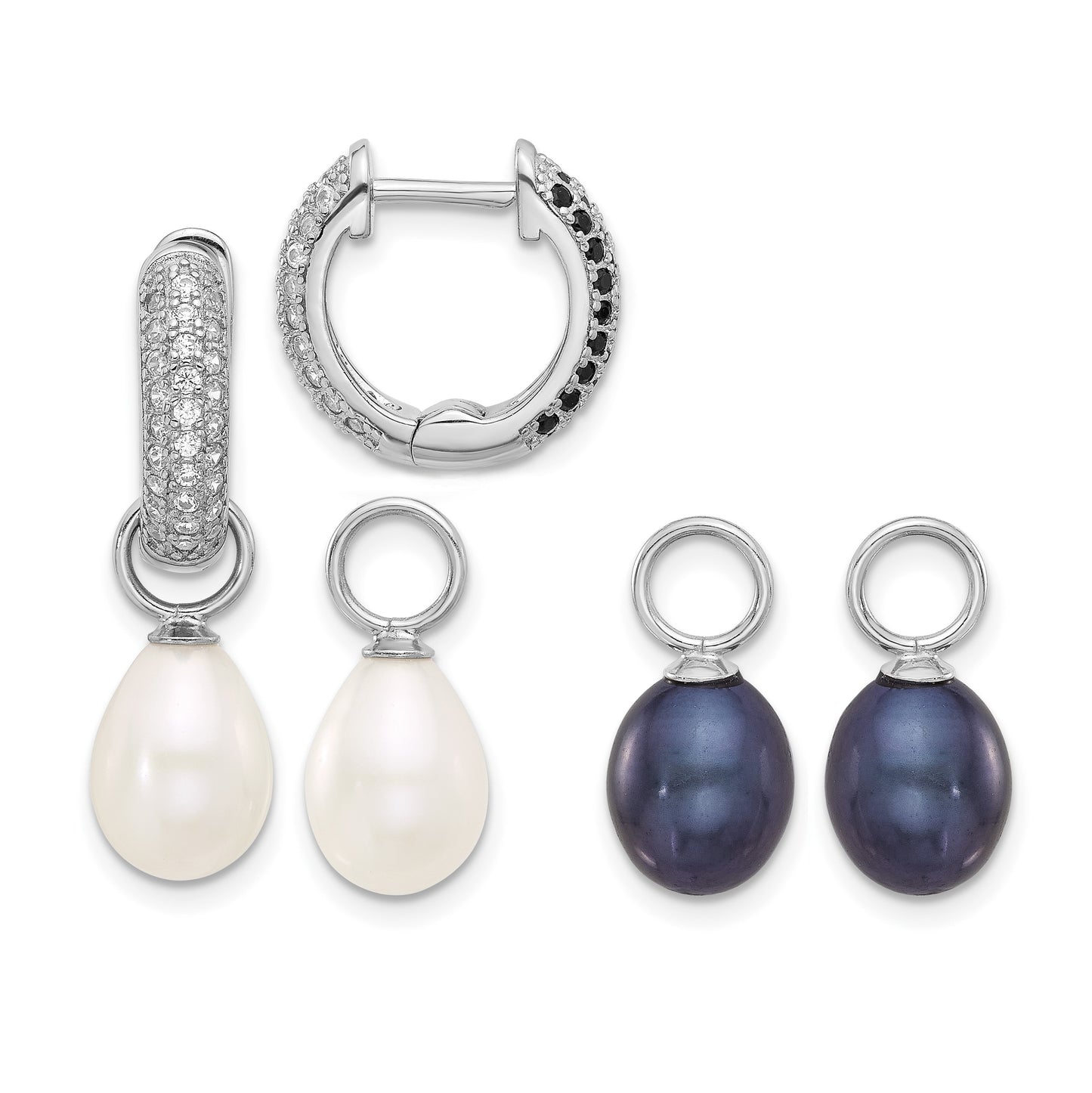 Sterling Silver Rhodium-plated 7-8mm Black and White Rice Freshwater Cultured Pearl and CZ Interchangeable Post Earrings Set