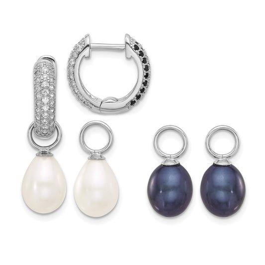 Sterling Silver Rhodium-plated 7-8mm Black and White Rice Freshwater Cultured Pearl and CZ Interchangeable Post Earrings Set