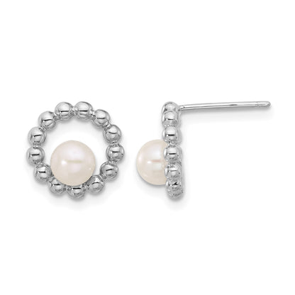 Sterling Silver Rhodium-plated 5-6mm White Button Freshwater Cultured Pearl Circle Post Earrings