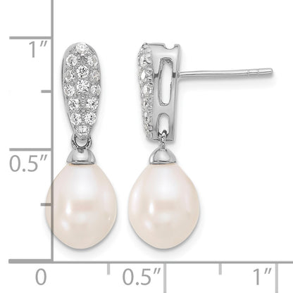 Sterling Silver Rhodium-plated 8-9mm White Teardrop Freshwater Cultured Pearl and CZ Post Dangle Earrings