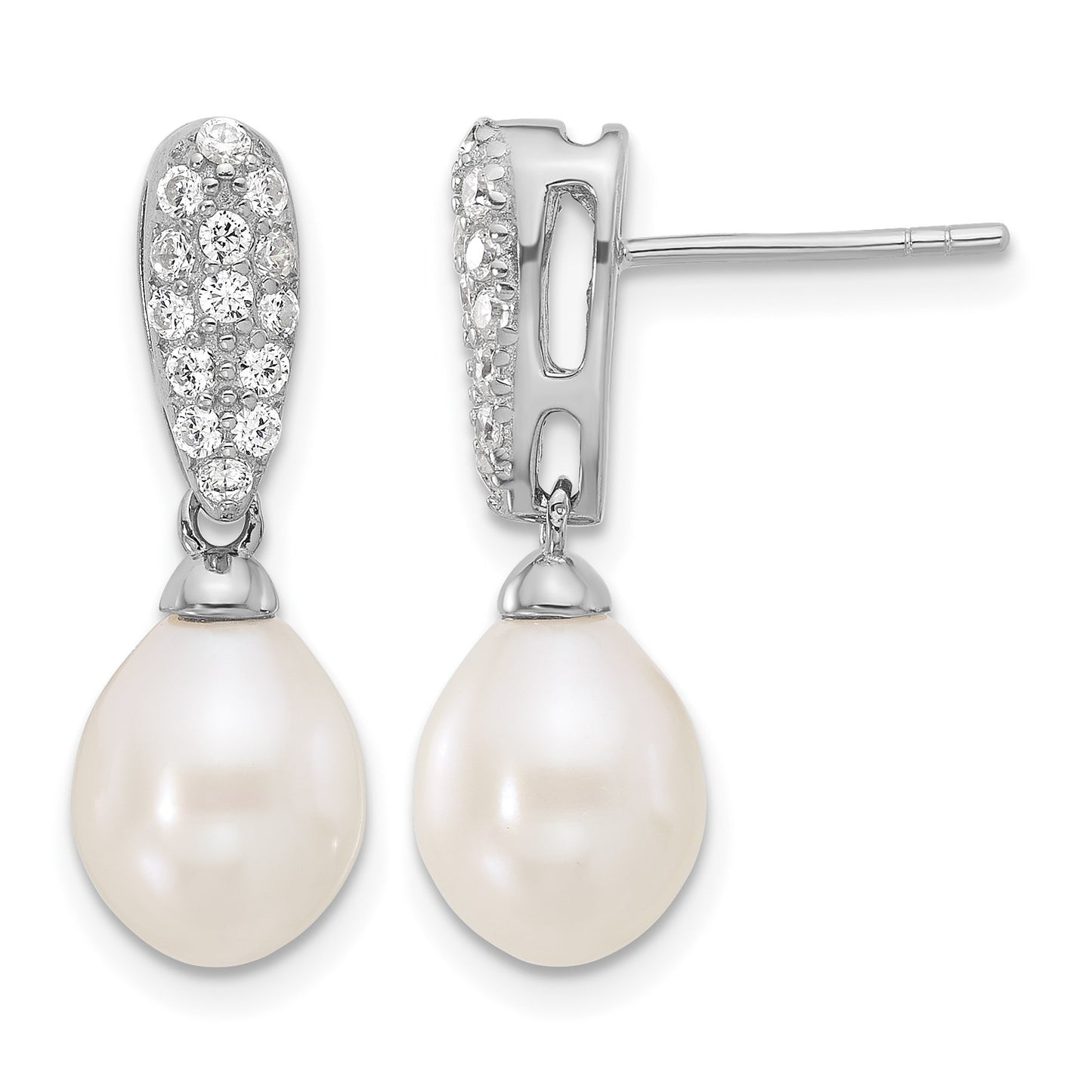 Sterling Silver Rhodium-plated 8-9mm White Teardrop Freshwater Cultured Pearl and CZ Post Dangle Earrings