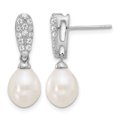 Sterling Silver Rhodium-plated 8-9mm White Teardrop Freshwater Cultured Pearl and CZ Post Dangle Earrings