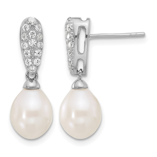 Sterling Silver Rhodium-plated 8-9mm White Teardrop Freshwater Cultured Pearl and CZ Post Dangle Earrings