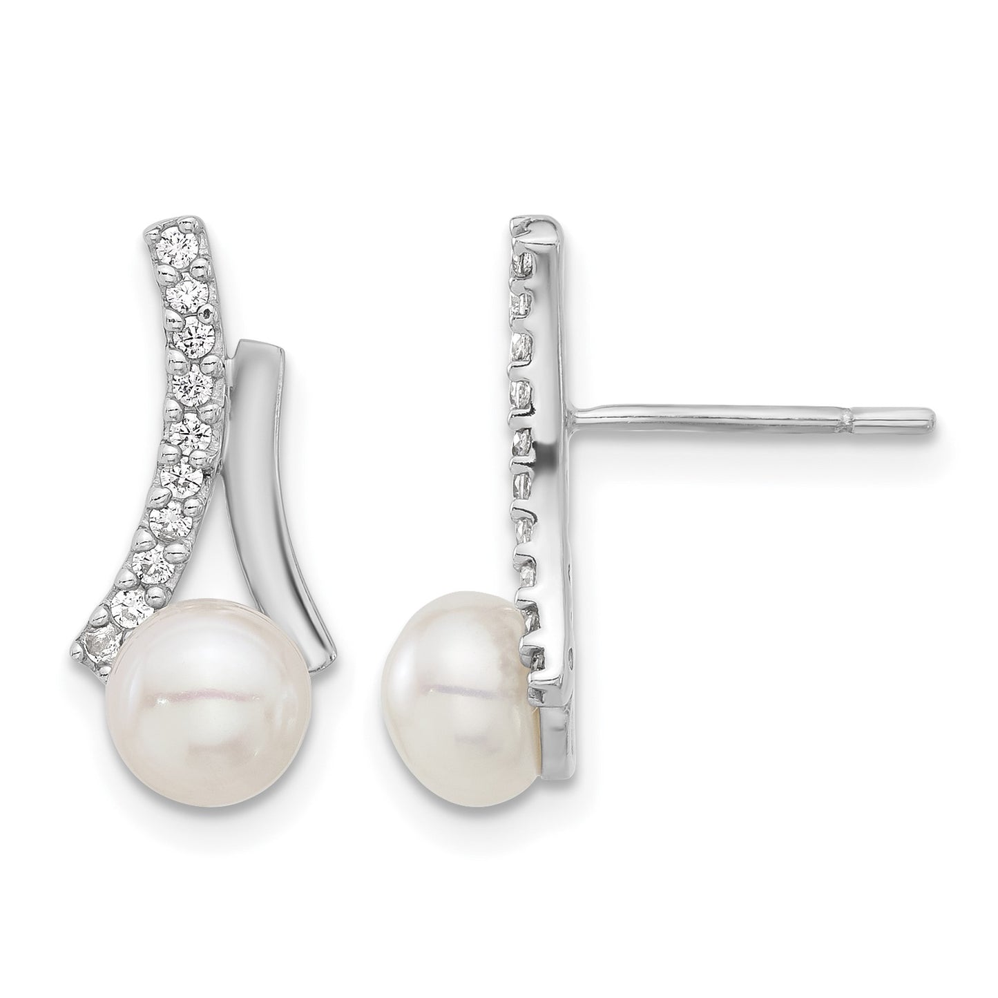 Sterling Silver Rhodium-plated CZ/Button 6mm FWC Pearl Post Earrings