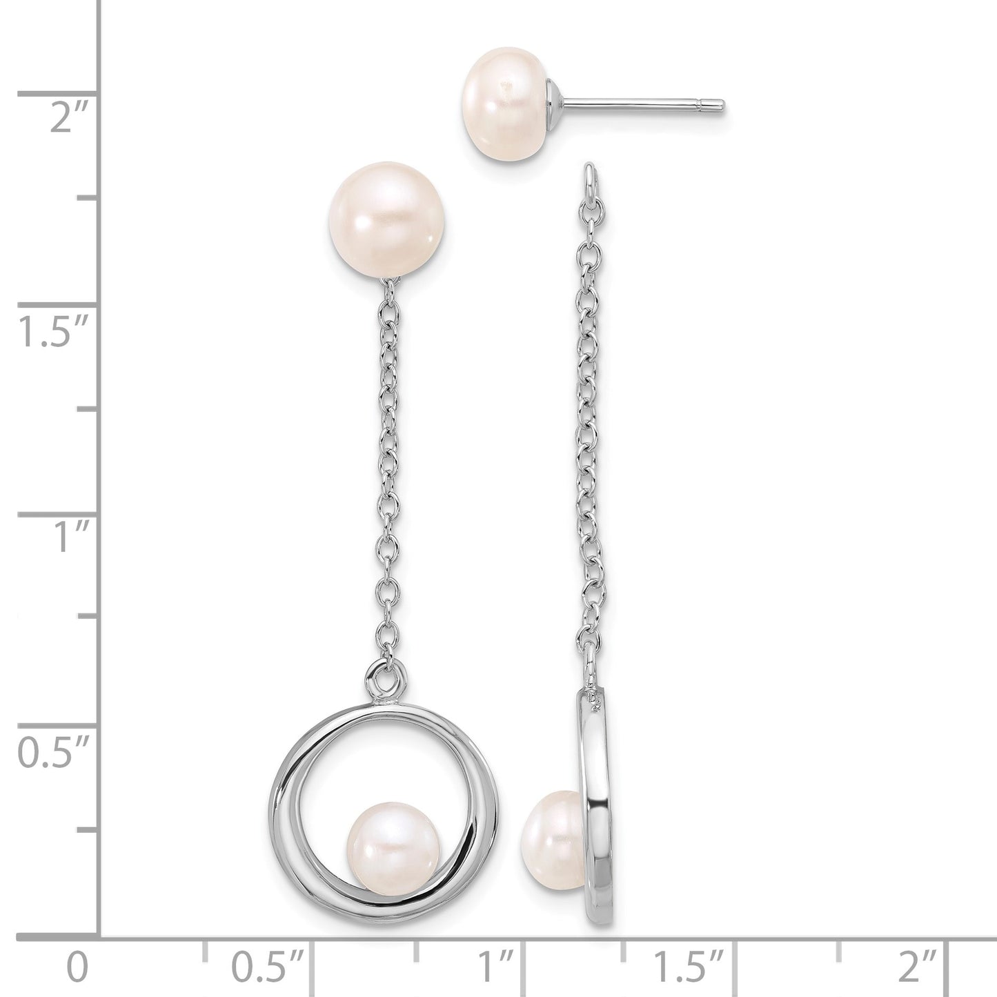 Sterling Silver Rhodium-plated 5-7mm White Button Freshwater Cultured Pearl Post Dangle Earrings