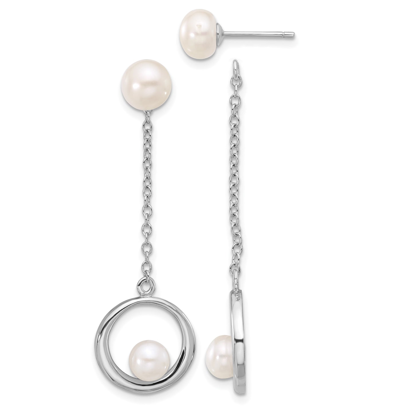 Sterling Silver Rhodium-plated 5-7mm White Button Freshwater Cultured Pearl Post Dangle Earrings