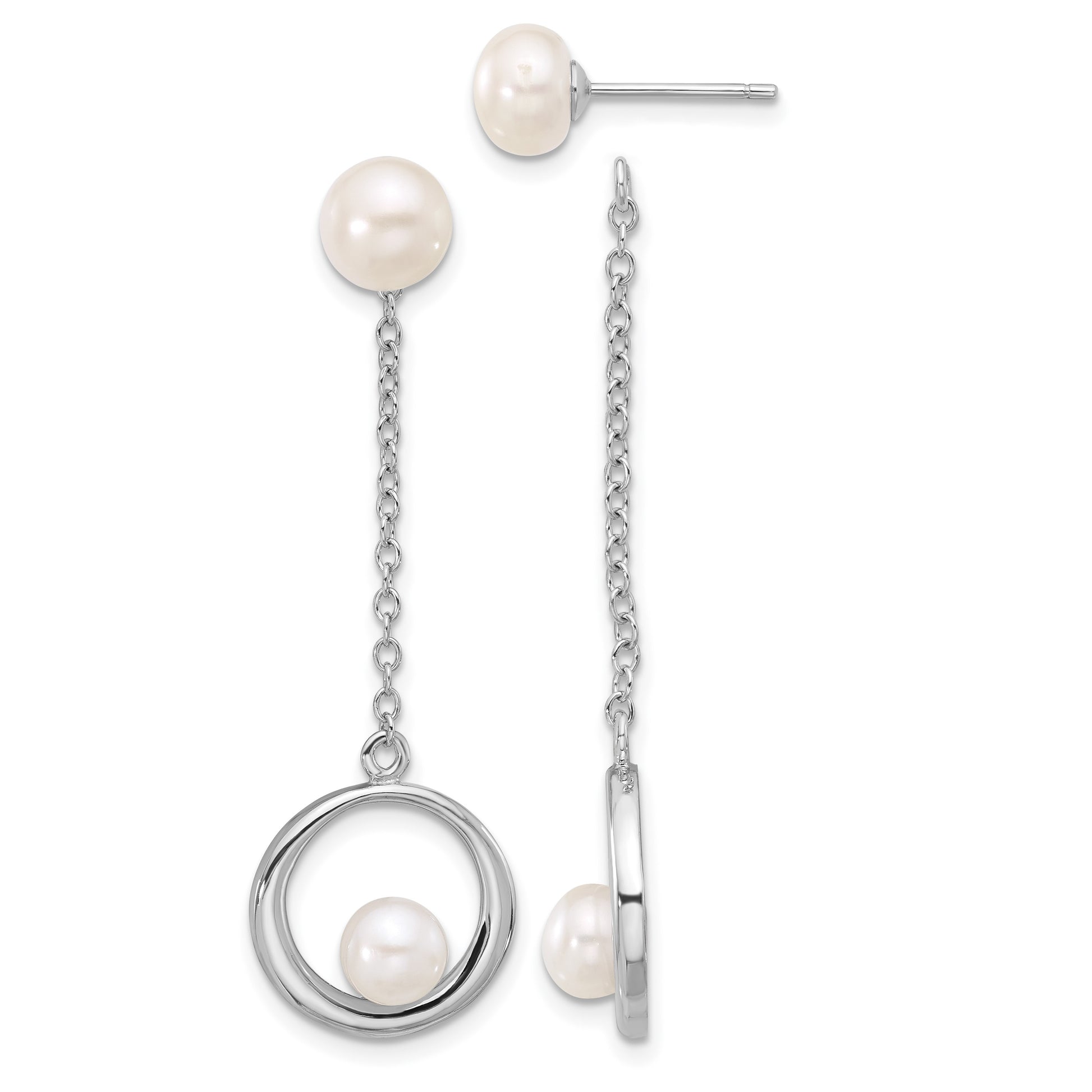 Sterling Silver Rhodium-plated 5-7mm White Button Freshwater Cultured Pearl Post Dangle Earrings