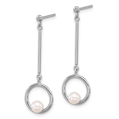 Sterling Silver Rhodium-plated 4-4.5mm White Semi-Round Freshwater Cultured Pearl Post Dangle Earrings