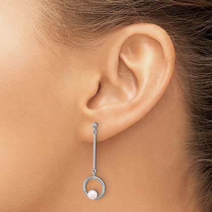 Sterling Silver Rhodium-plated 4-4.5mm White Semi-Round Freshwater Cultured Pearl Post Dangle Earrings