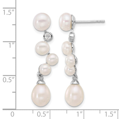 Sterling Silver Rhodium-plated 7-8/4-7mm White Rice and Button Freshwater Cultured Pearl and CZ Post Dangle Earrings