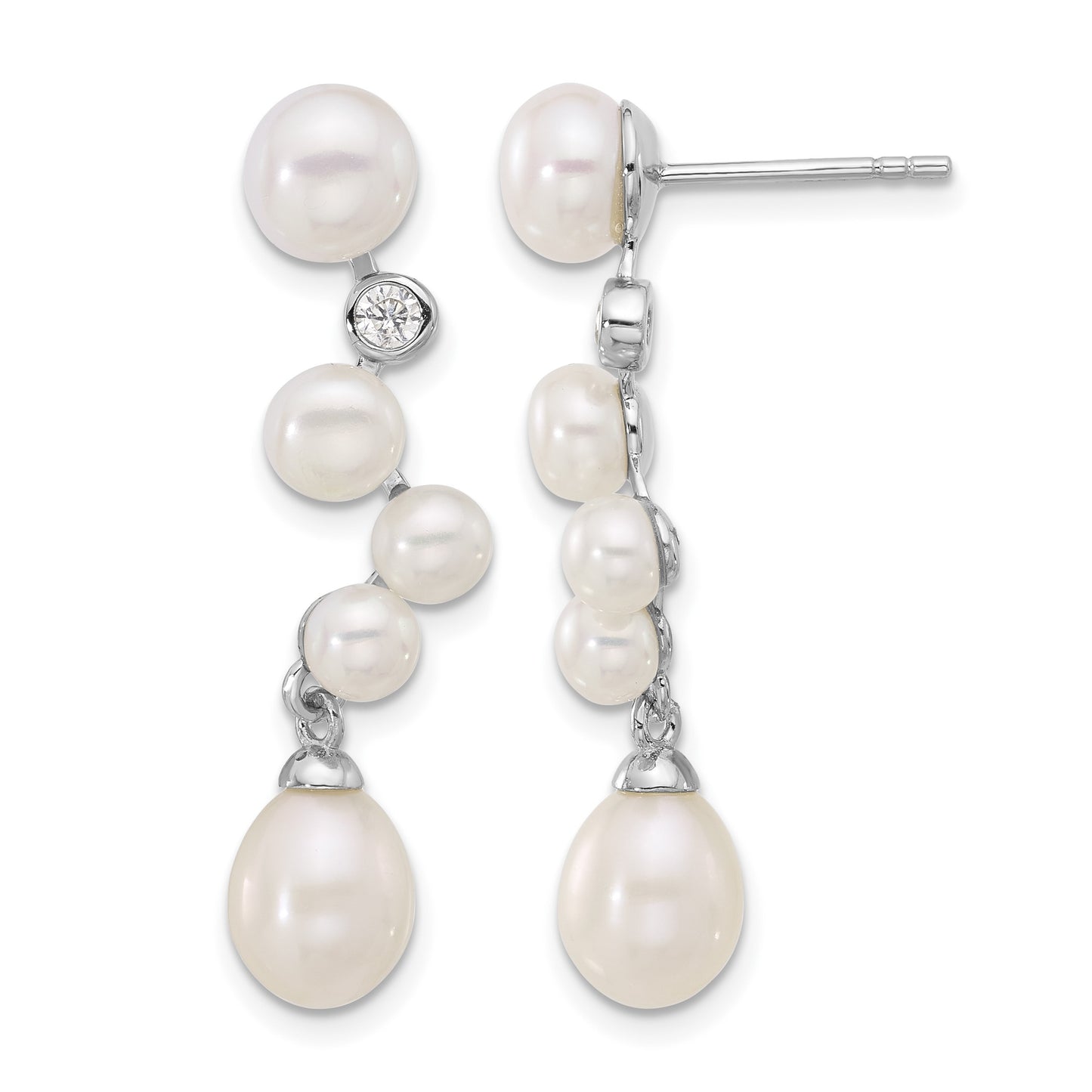 Sterling Silver Rhodium-plated 7-8/4-7mm White Rice and Button Freshwater Cultured Pearl and CZ Post Dangle Earrings