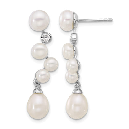 Sterling Silver Rhodium-plated 7-8/4-7mm White Rice and Button Freshwater Cultured Pearl and CZ Post Dangle Earrings