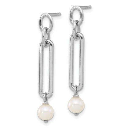 Sterling Silver Rhodium-plated Link with Freshwater Cultured Pearl Dangle Earrings