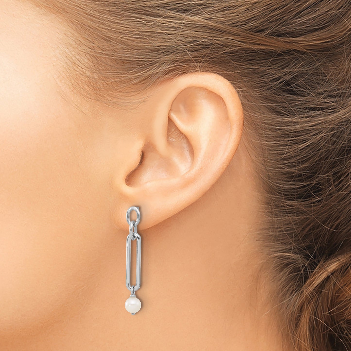 Sterling Silver Rhodium-plated Link with Freshwater Cultured Pearl Dangle Earrings
