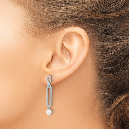 Sterling Silver Rhodium-plated Link with Freshwater Cultured Pearl Dangle Earrings