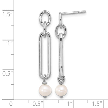 Sterling Silver Rhodium-plated Link with Freshwater Cultured Pearl Dangle Earrings