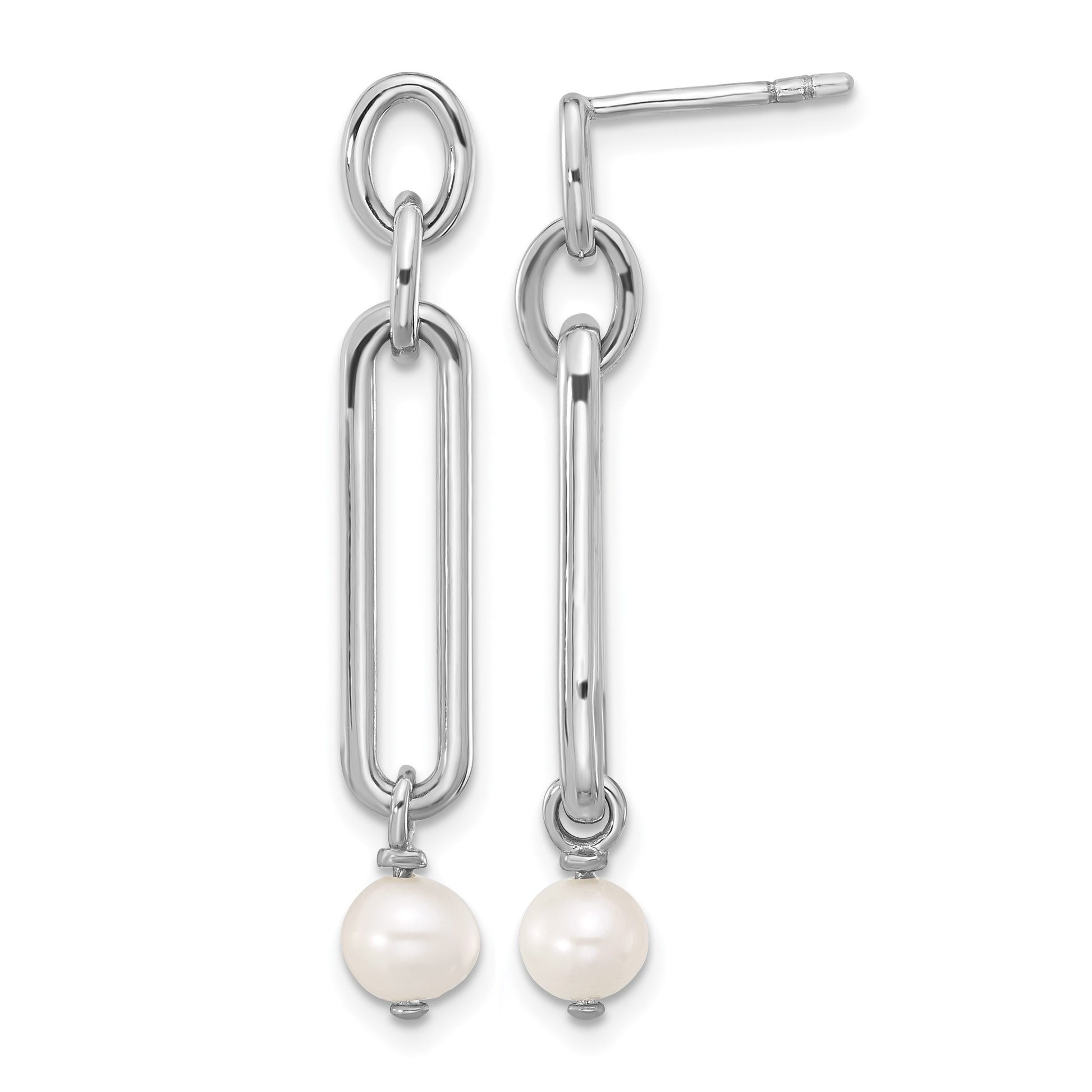 Sterling Silver Rhodium-plated Link with Freshwater Cultured Pearl Dangle Earrings