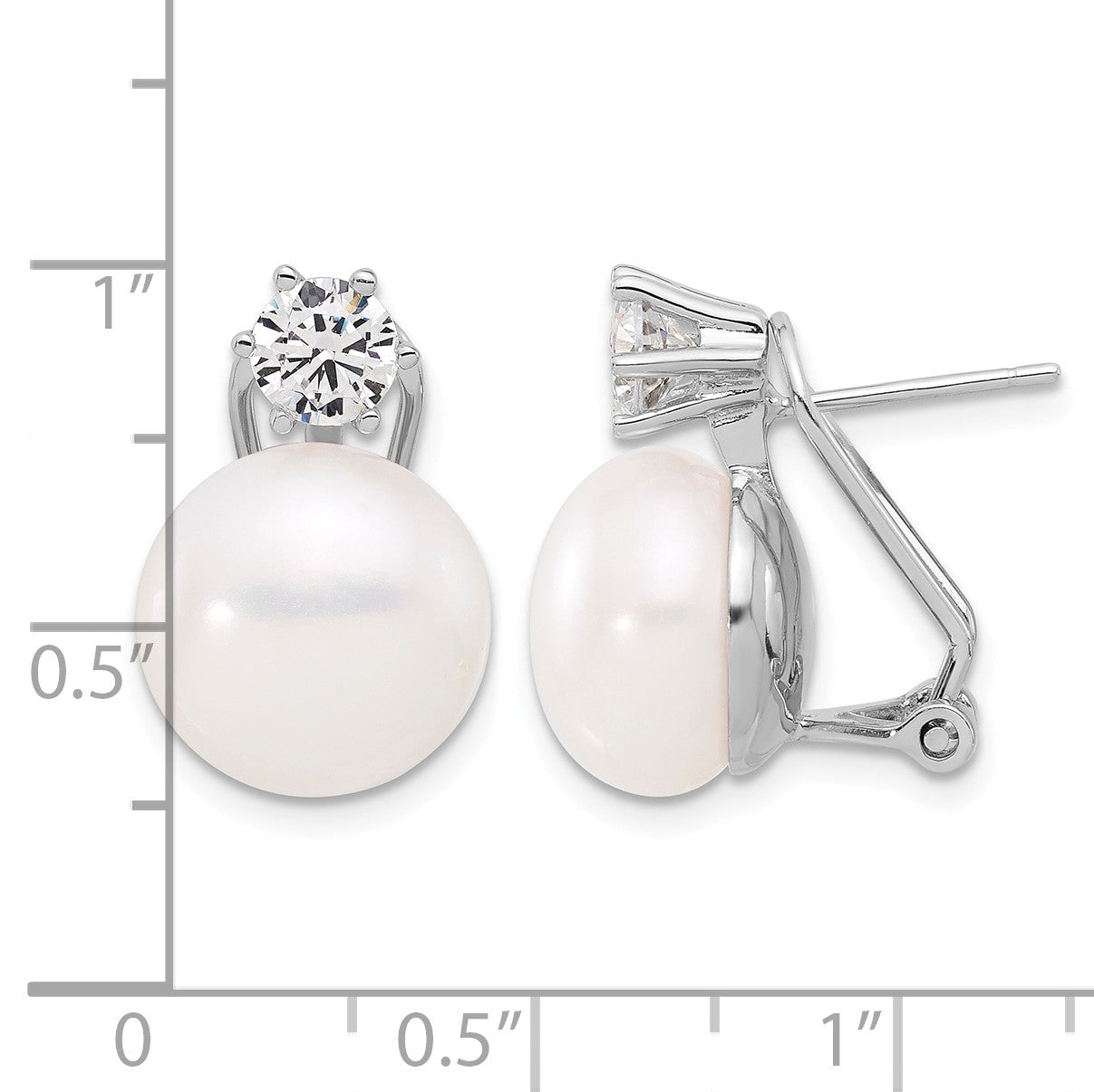 Sterling Silver Rhodium-plated 12-13mm White Freshwater Cultured Pearl and CZ Omega Back Earrings