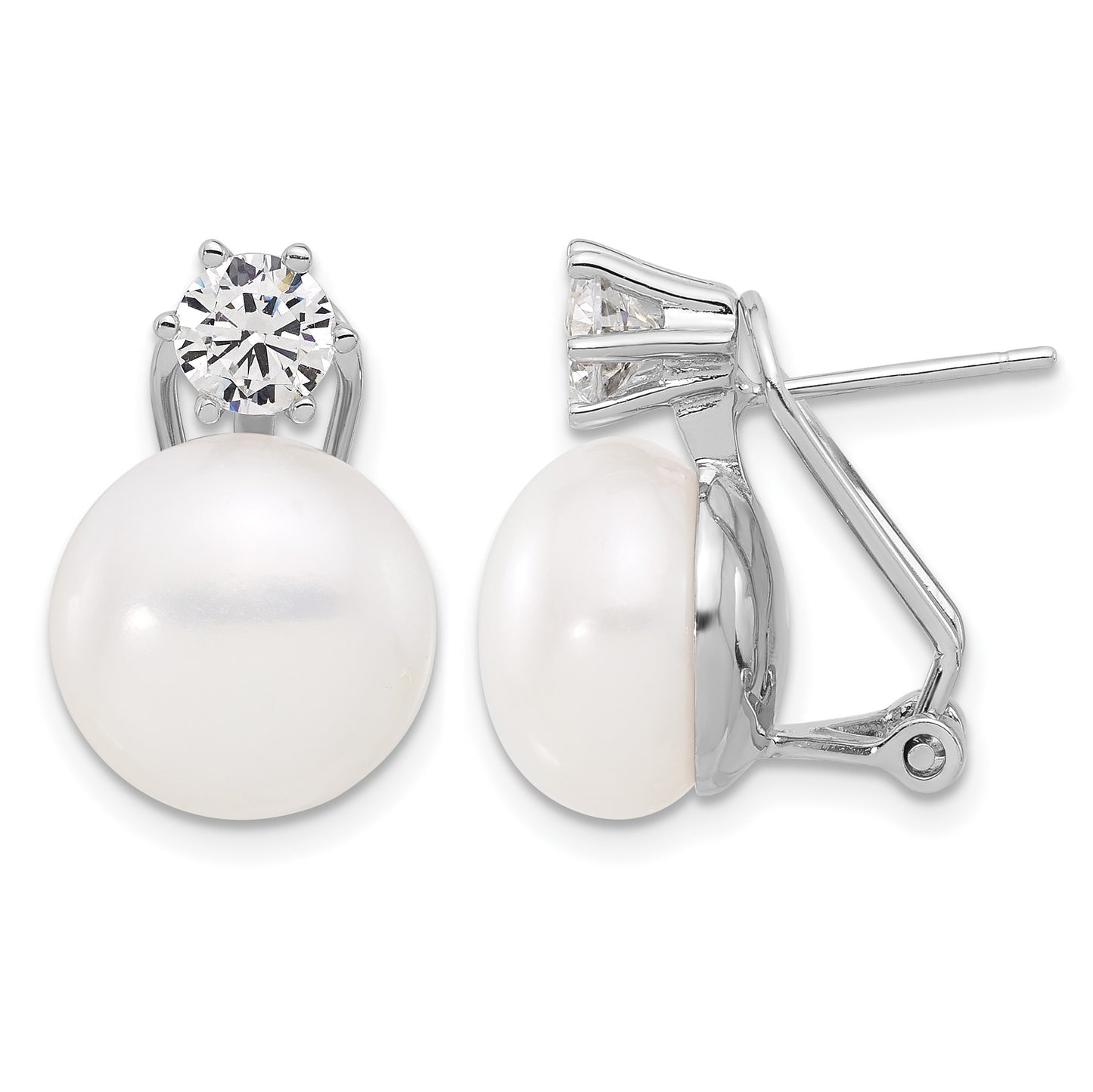 Sterling Silver Rhodium-plated 12-13mm White Freshwater Cultured Pearl and CZ Omega Back Earrings