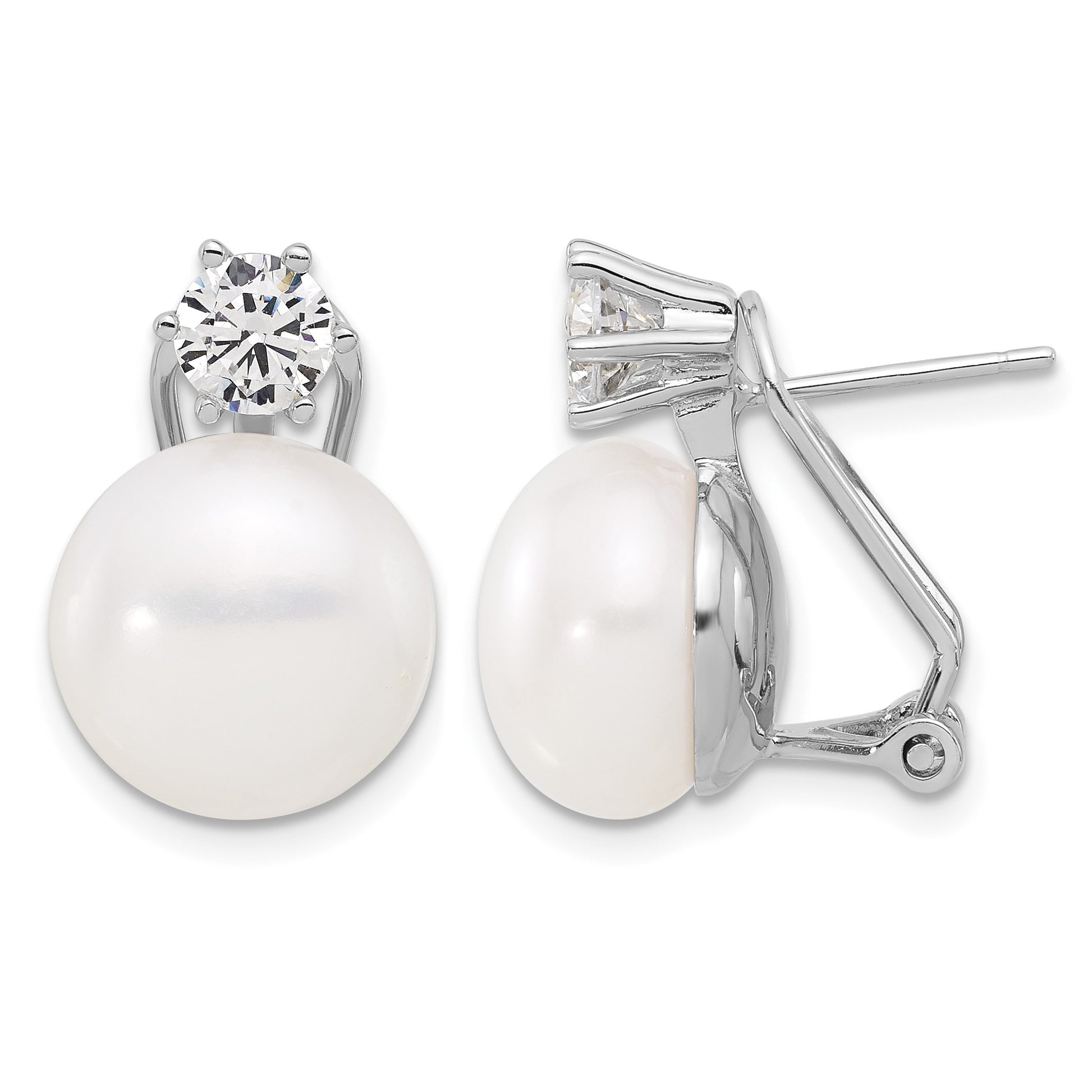 Sterling Silver Rhodium-plated 12-13mm White Freshwater Cultured Pearl and CZ Omega Back Earrings