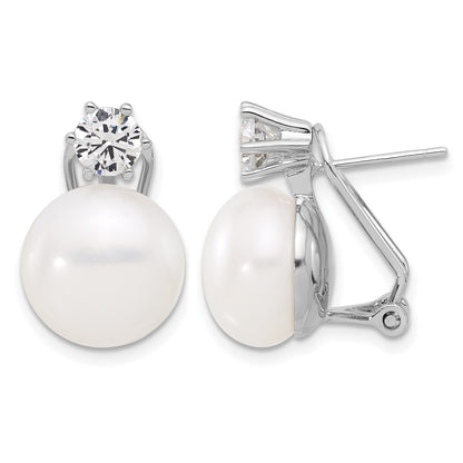 Sterling Silver Rhodium-plated 12-13mm White Freshwater Cultured Pearl and CZ Omega Back Earrings