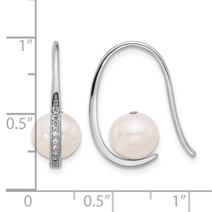 Sterling Silver Rhodium-plated 8-8.5mm White Semi-Round Freshwater Cultured Pearl and CZ Shepherd Hook Earrings