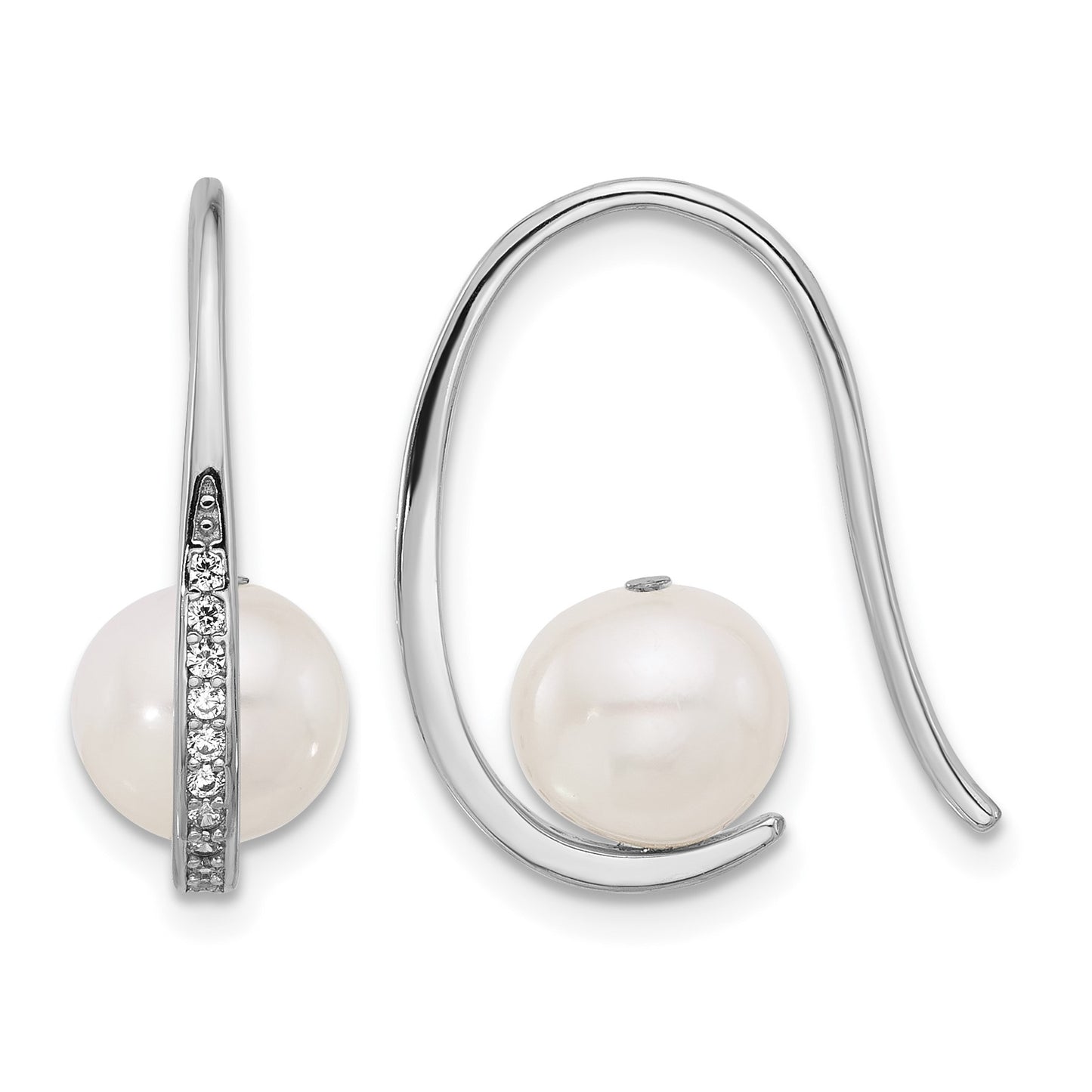 Sterling Silver Rhodium-plated 8-8.5mm White Semi-Round Freshwater Cultured Pearl and CZ Shepherd Hook Earrings