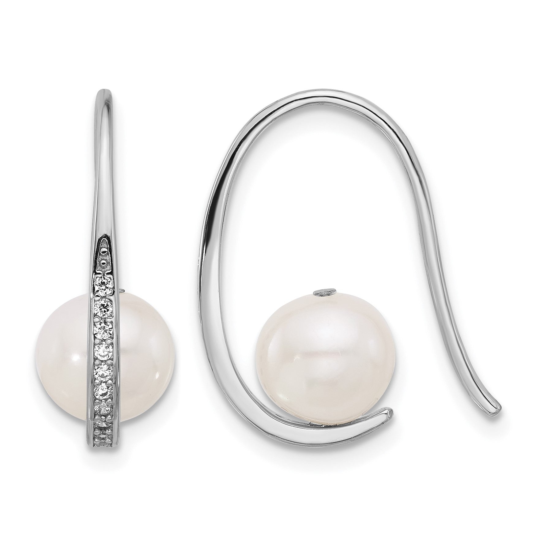 Sterling Silver Rhodium-plated 8-8.5mm White Semi-Round Freshwater Cultured Pearl and CZ Shepherd Hook Earrings