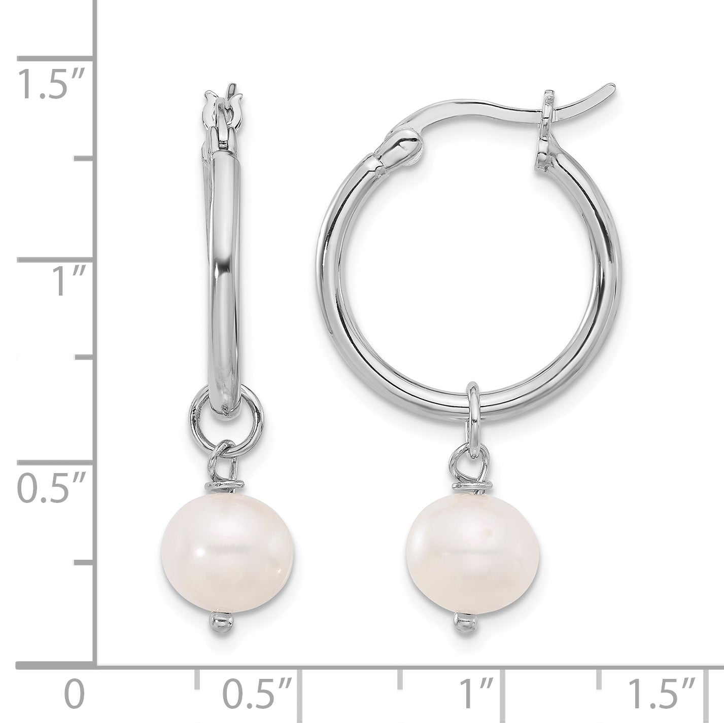 Sterling Silver Rhodium-plated 8-9mm White Near-Round Freshwater Cultured Pearl Dangle Hoop Earrings