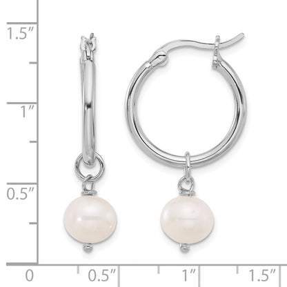 Sterling Silver Rhodium-plated 8-9mm White Near-Round Freshwater Cultured Pearl Dangle Hoop Earrings