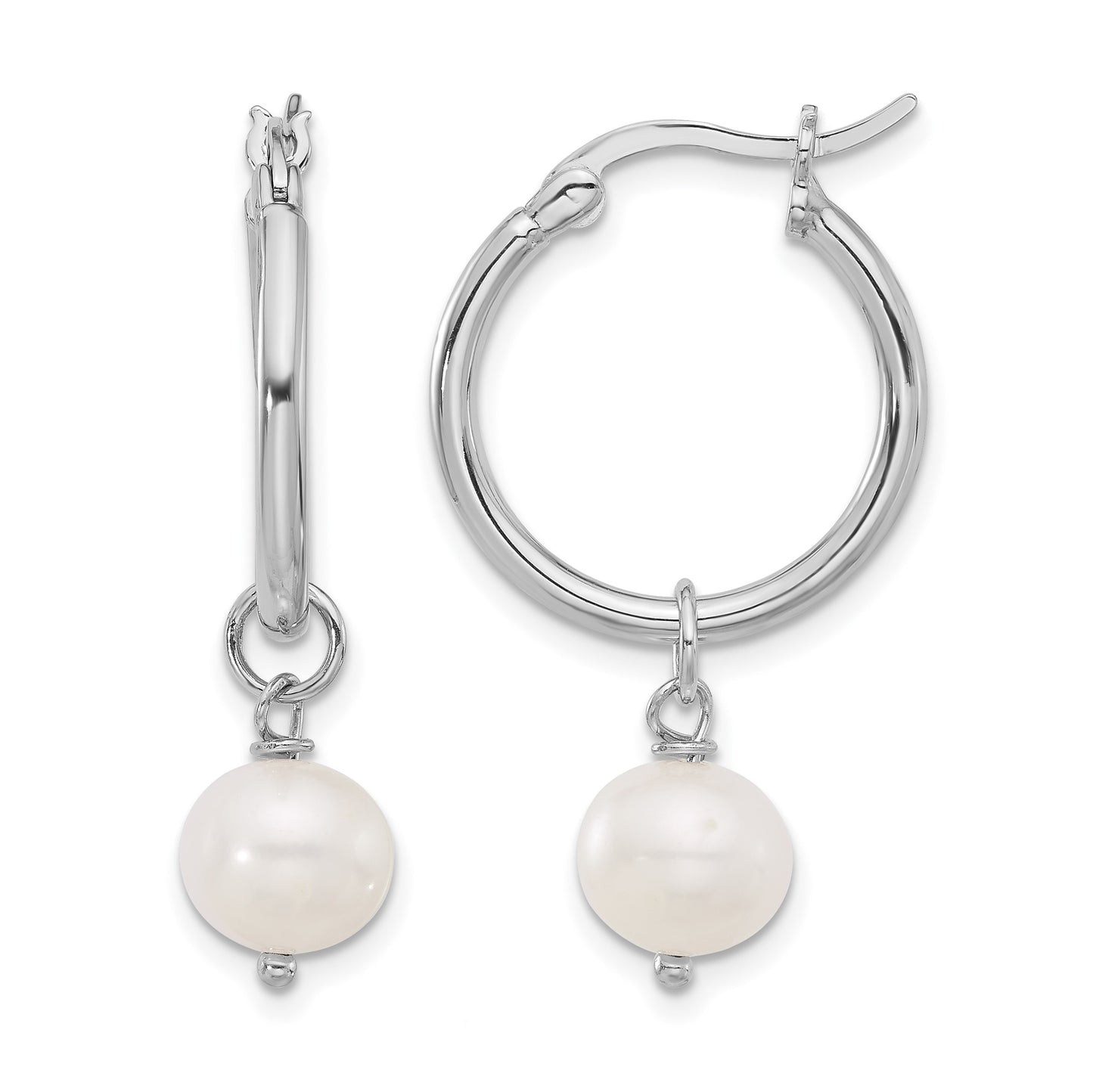 Sterling Silver Rhodium-plated 8-9mm White Near-Round Freshwater Cultured Pearl Dangle Hoop Earrings
