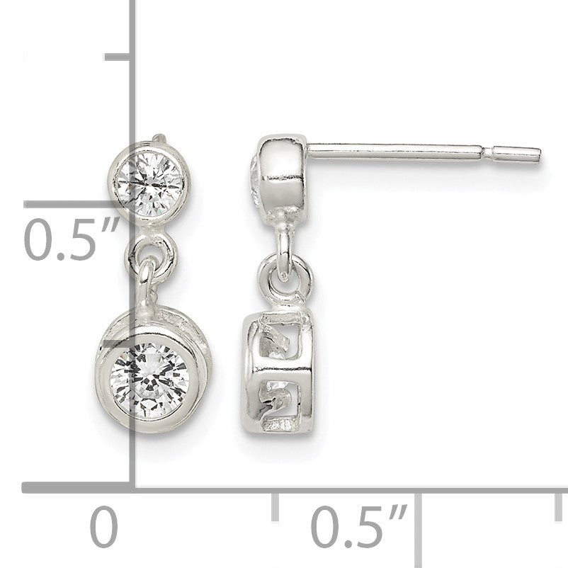 Sterling Silver Polished Round CZ Bezel Set Post Dangle Earrings