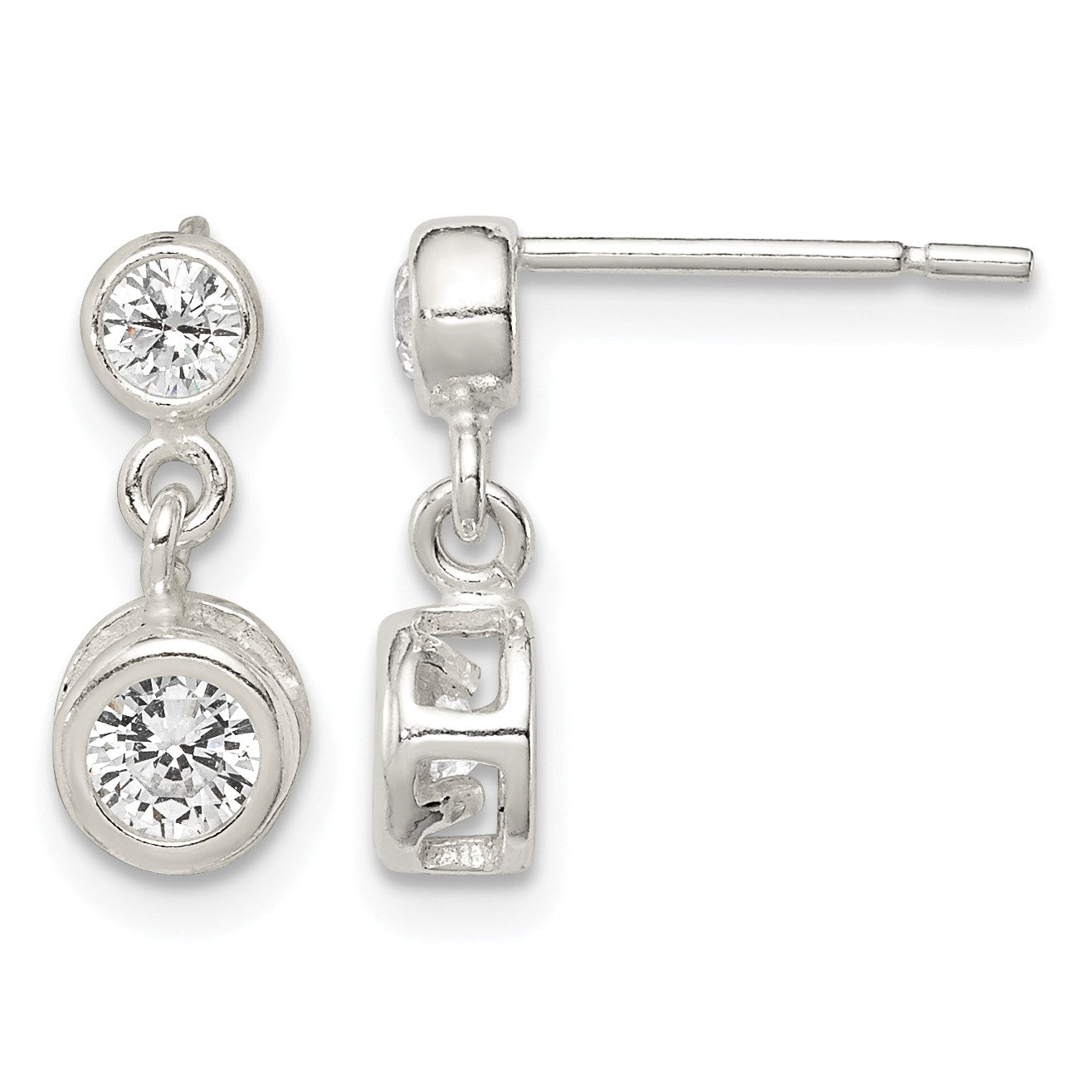 Sterling Silver Polished Round CZ Bezel Set Post Dangle Earrings