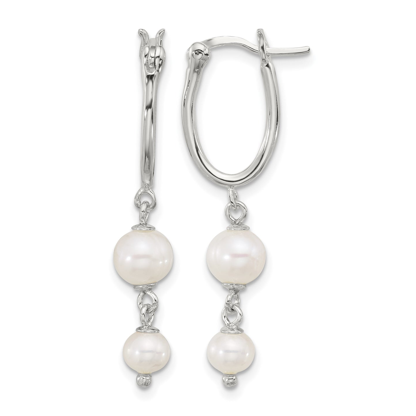 Sterling Silver Polished Double FWC Pearl Dangle Oval Hoop Earrings