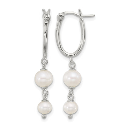 Sterling Silver Polished Double FWC Pearl Dangle Oval Hoop Earrings