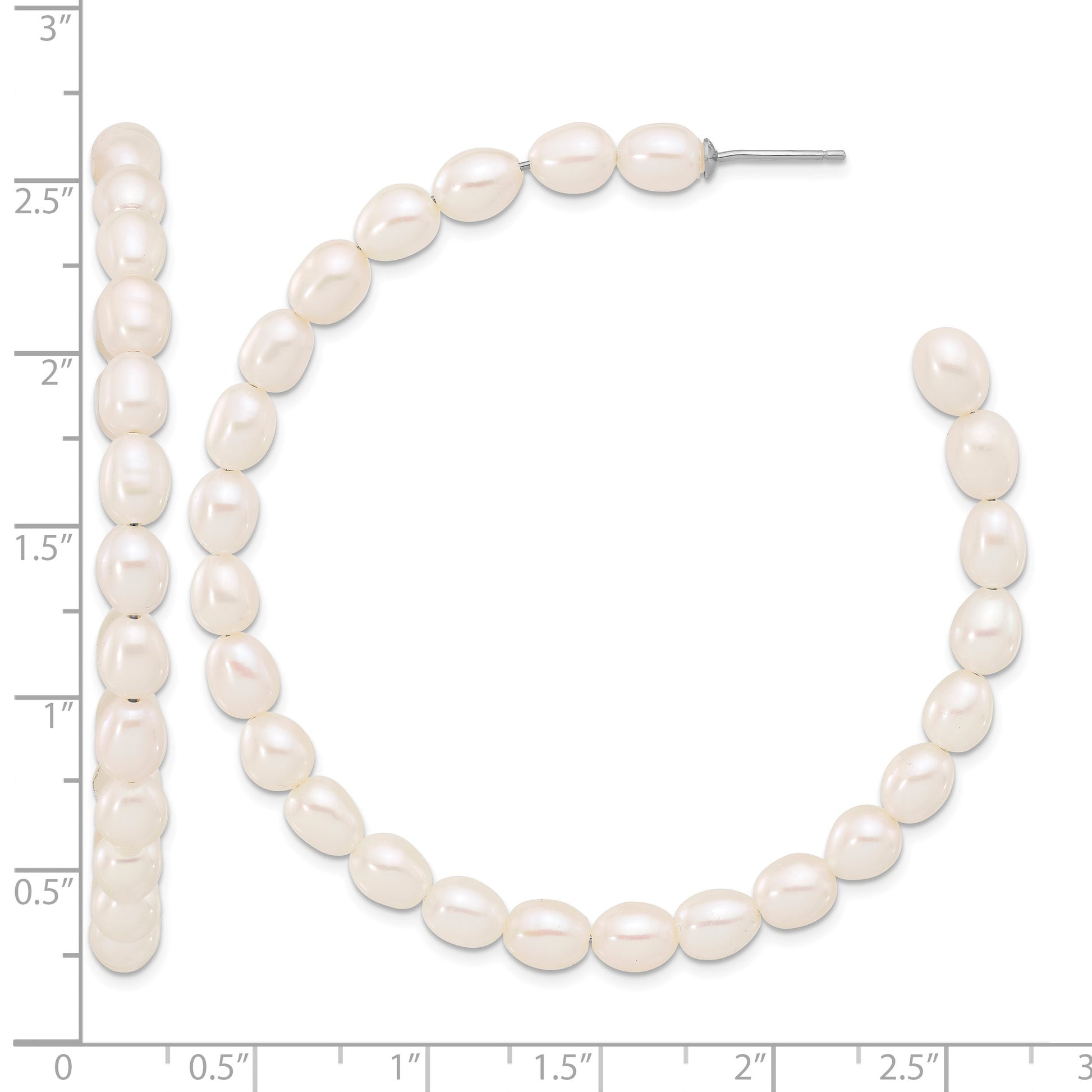 Sterling Silver Rhodium-plated 5-6mm White Rice Freshwater Cultured Pearl Post C-Hoop Earrings