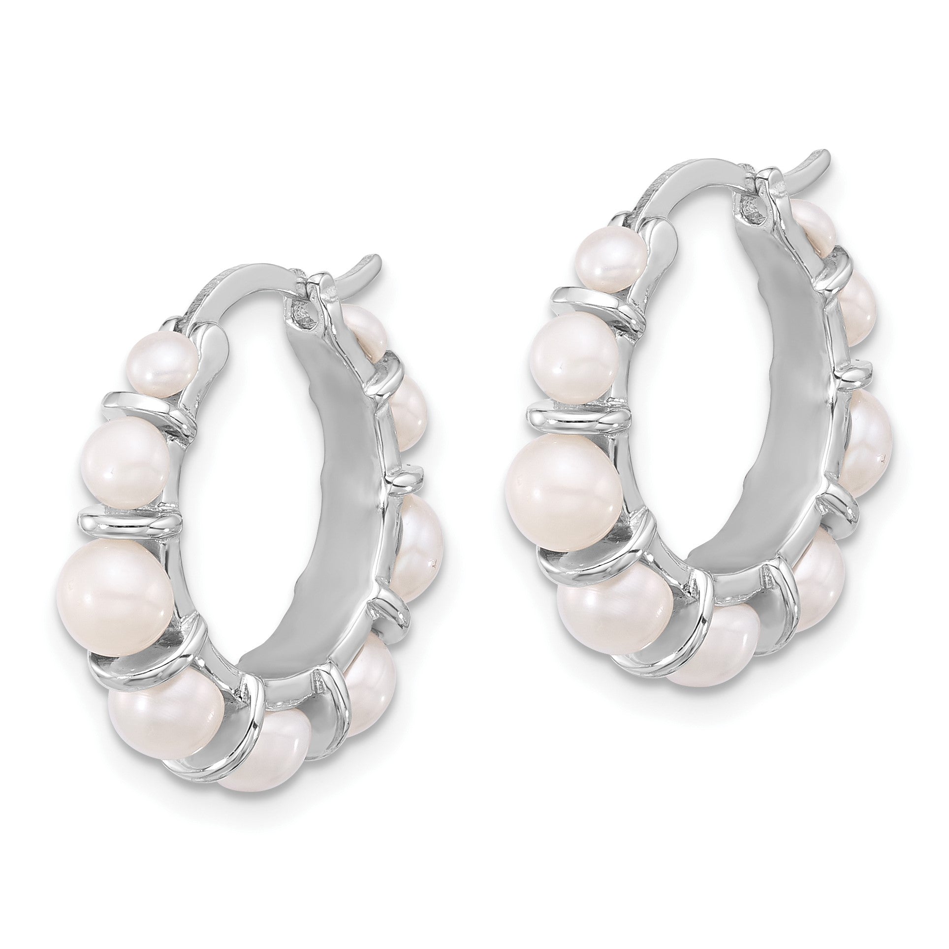 Sterling Silver Rhodium-plated 2-5mm White Button Freshwater Cultured Pearl Round Hoop Earrings
