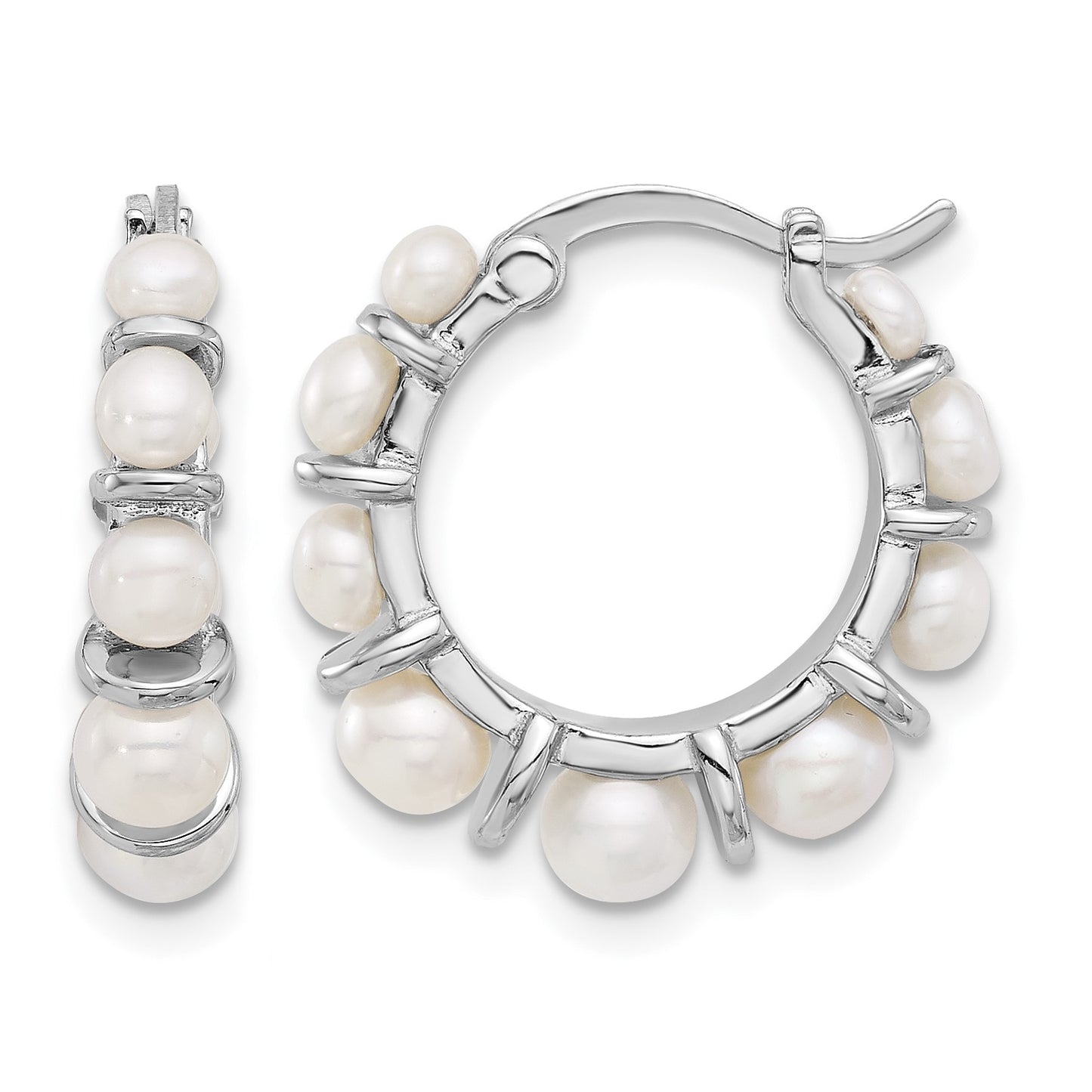 Sterling Silver Rhodium-plated 2-5mm White Button Freshwater Cultured Pearl Round Hoop Earrings