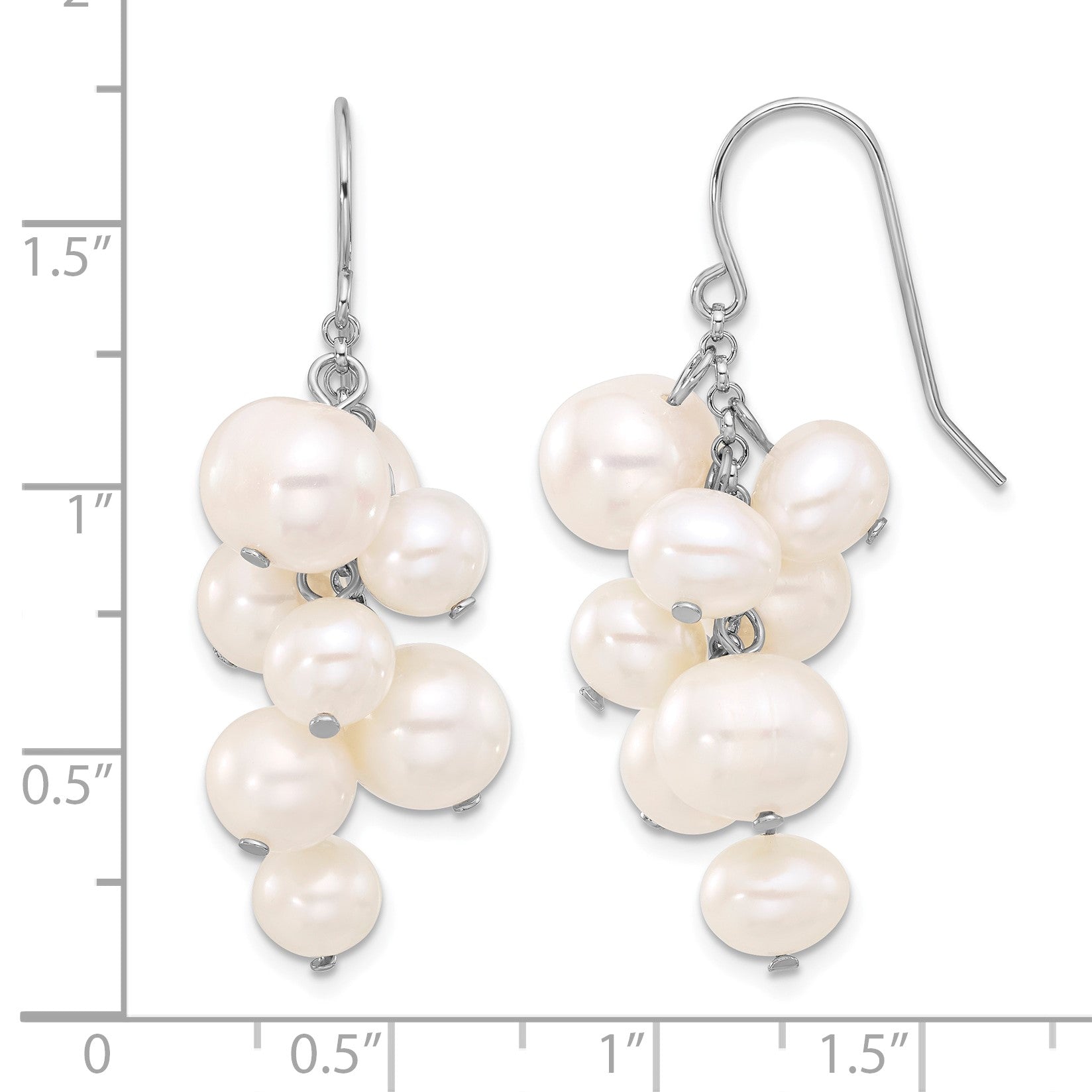 Sterling Silver Rhodium-plated 6-10mm White Near-Round Freshwater Cultured Pearl Dangle Earrings