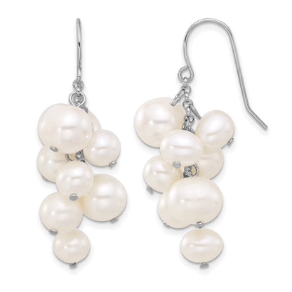 Sterling Silver Rhodium-plated 6-10mm White Near-Round Freshwater Cultured Pearl Dangle Earrings