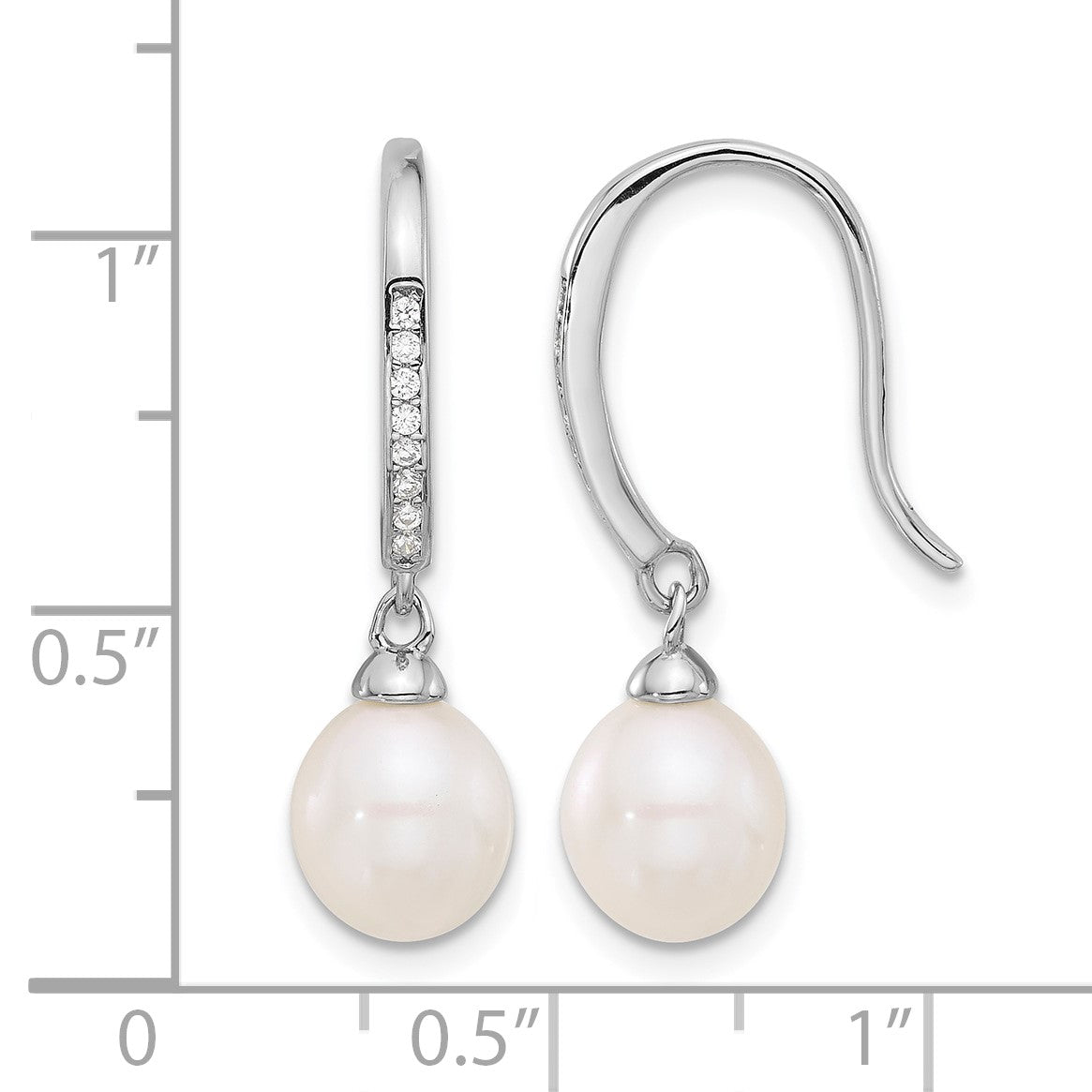 Sterling Silver Rhodium-plated 7-8mm White Teardrop Freshwater Cultured Pearl and CZ Dangle Earrings