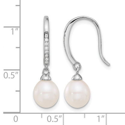 Sterling Silver Rhodium-plated 7-8mm White Teardrop Freshwater Cultured Pearl and CZ Dangle Earrings