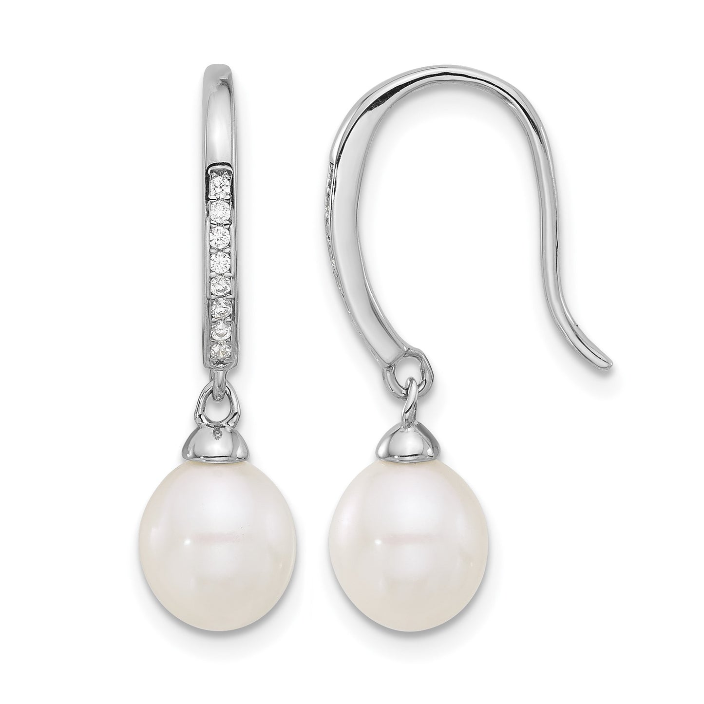 Sterling Silver Rhodium-plated 7-8mm White Teardrop Freshwater Cultured Pearl and CZ Dangle Earrings