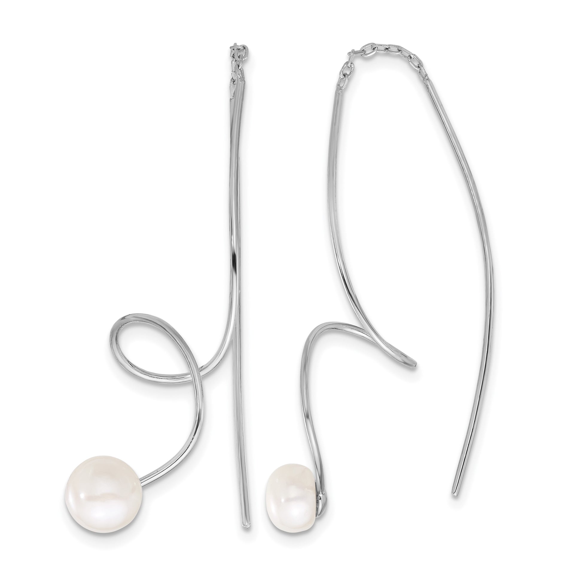 Sterling Silver Rhodium-plated 6-7mm White Button Freshwater Cultured Pearl Twisted Threader Earrings