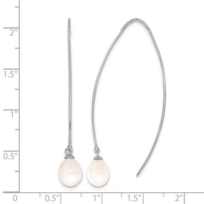 Sterling Silver Rhodium-plated 7-8mm White Teardrop Freshwater Cultured Pearl Threader Earrings