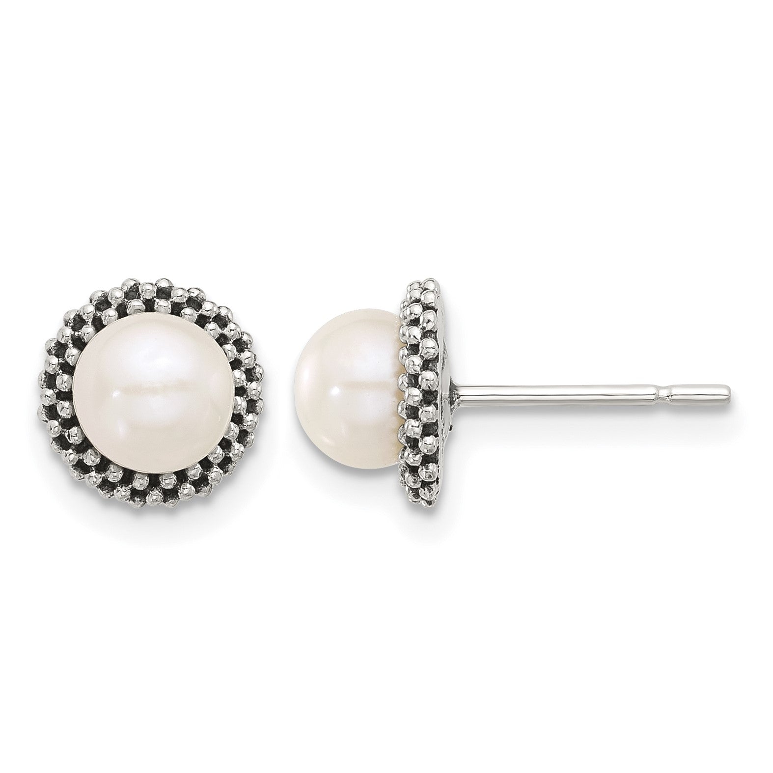Sterling Silver Antiqued Beaded Synthetic Pearl Post Button Earrings