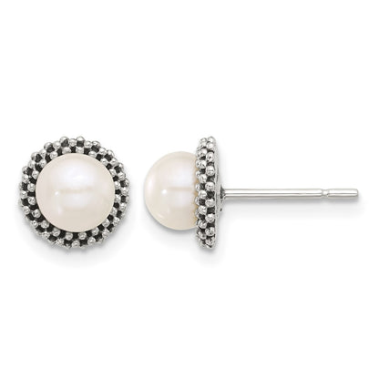 Sterling Silver Antiqued Beaded Synthetic Pearl Post Button Earrings