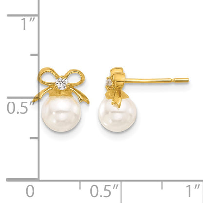 Sterling Silver Gold-tone Polished CZ and Synthetic Pearl Bow Post Earrings